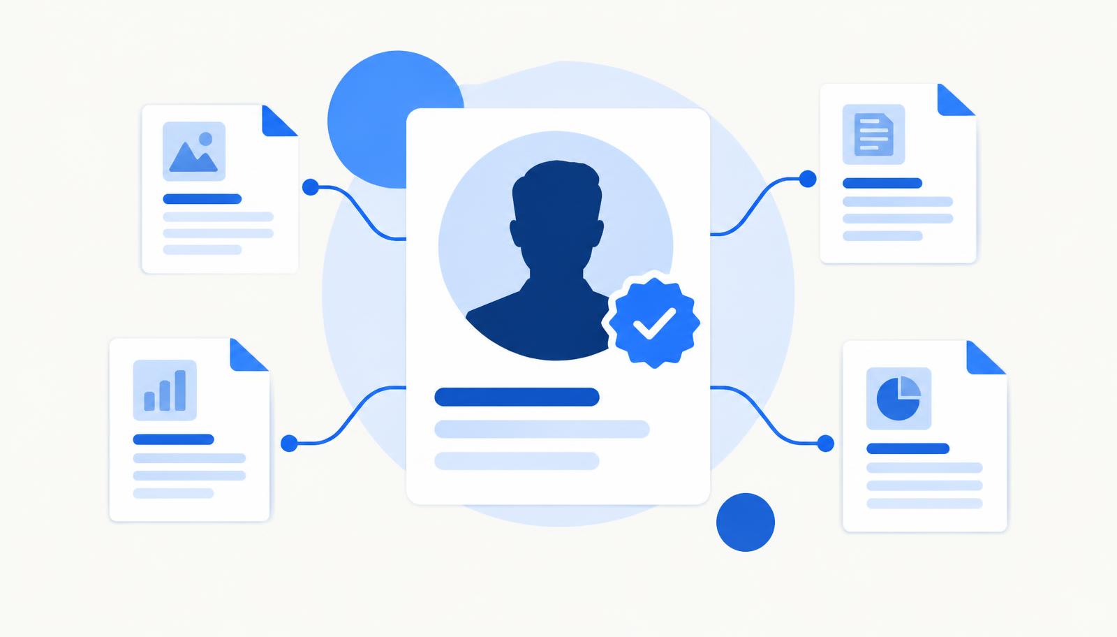 Abstrakte Illustration eines verifizierten Autorenprofils, verbunden mit mehreren Fachartikeln