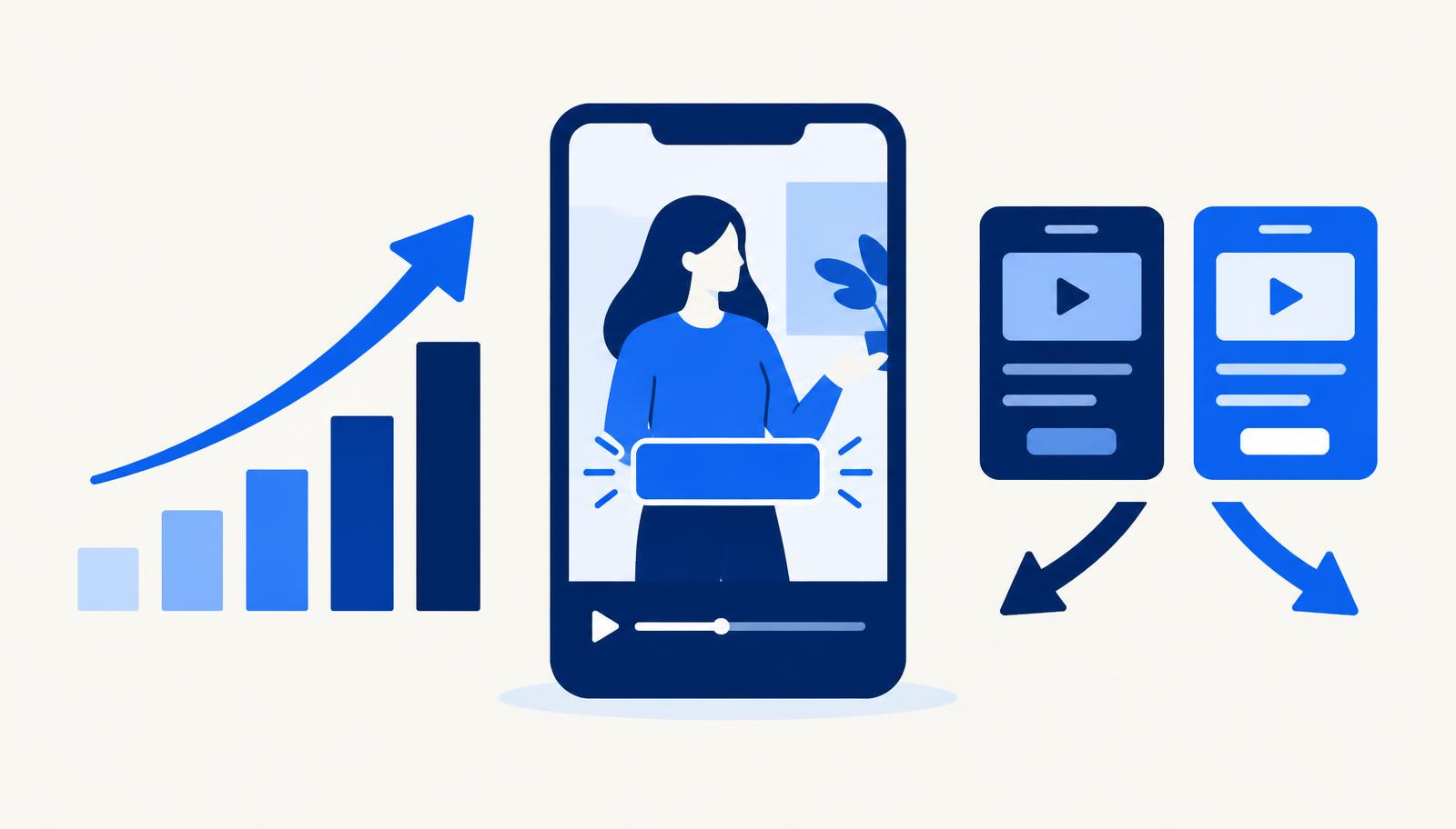 Abstrakte Illustration eines Smartphones mit vertikalem Video, hervorgehobenem Wort und steigender Reichweitenkurve