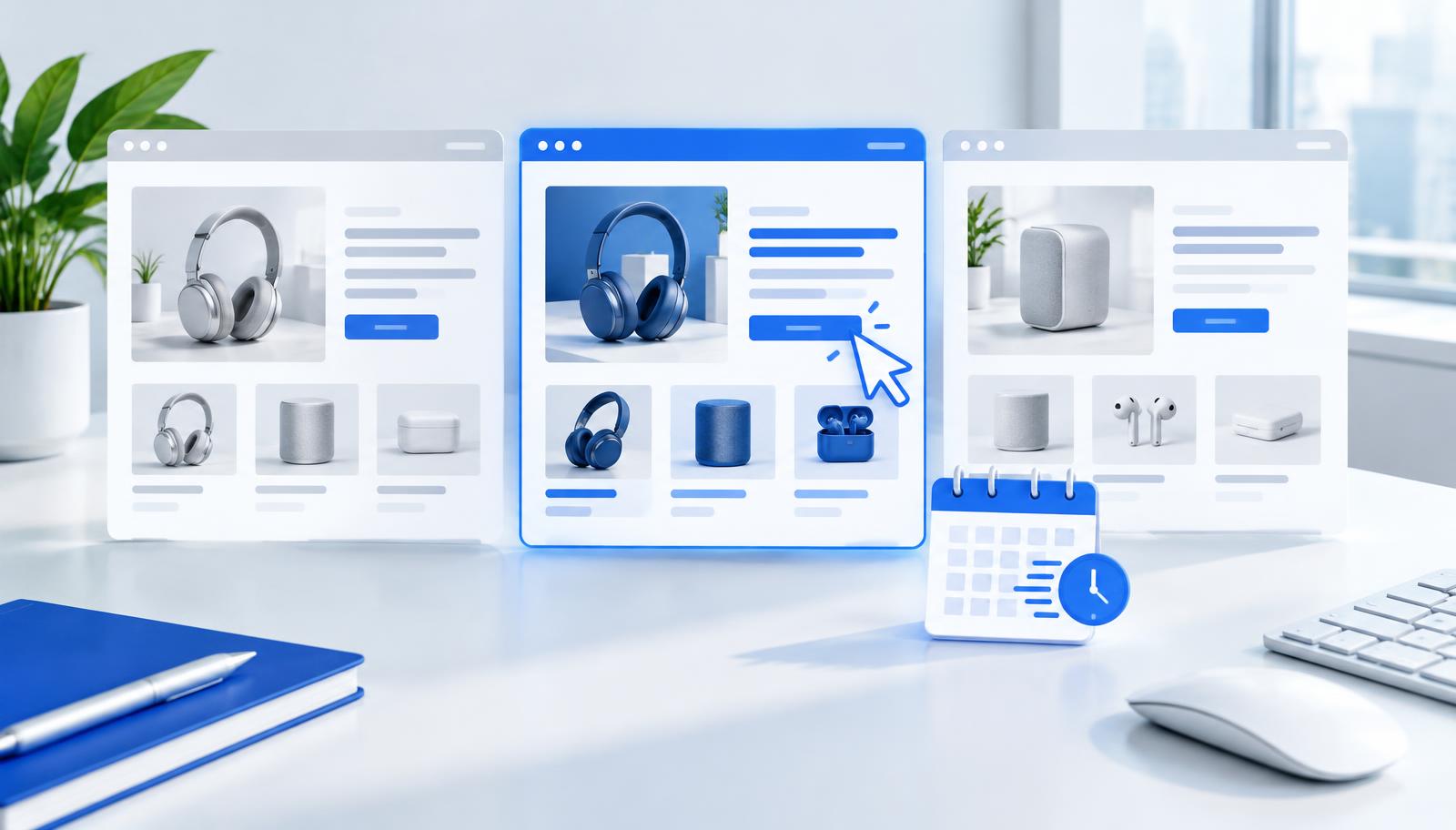 Drei Landingpage-Varianten mit unterschiedlichen Produktdarstellungen, Auswahlpfeil und Kalender als Symbol für schnellere Tests