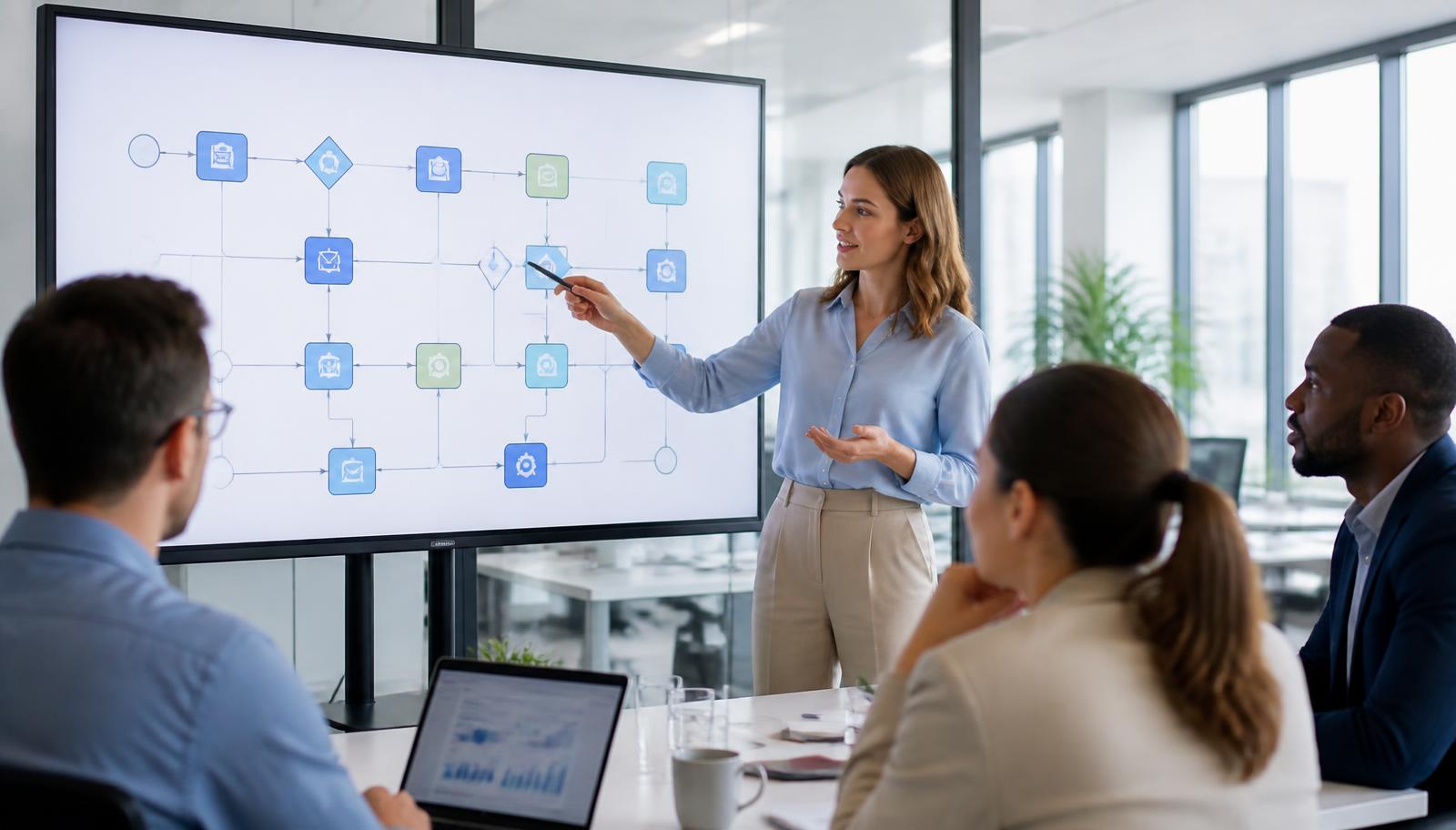 Team analysiert automatisierten Prozess-Workflow auf großem Bildschirm in hellem Büro — Symbolbild für KI-Prozessoptimierung