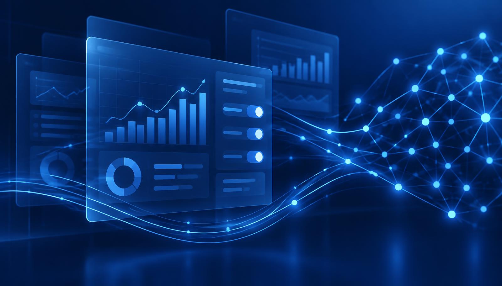 Abstrakte blaue Illustration mit transparenten Dashboard-Flächen, Schiebereglern und einem KI-Netzwerk — Symbolbild für automatisierte Anzeigenverwaltung