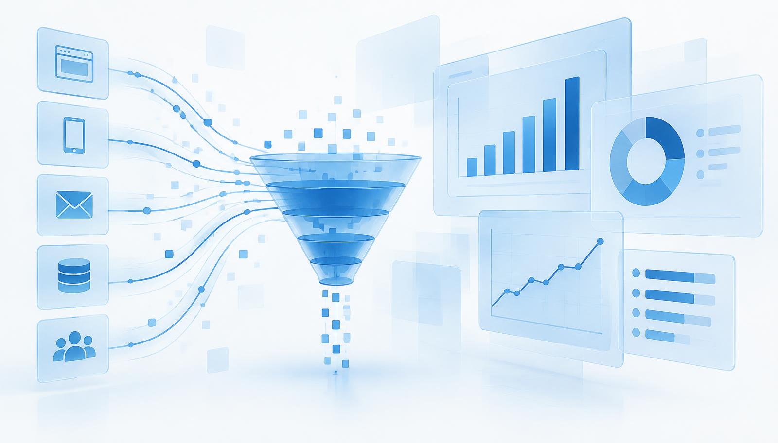 Abstrakte blaue Illustration mit transparenten Dashboard-Flächen, Datenströmen und Diagrammen — Symbolbild für automatisierte Werbeplattformen und Datenqualität