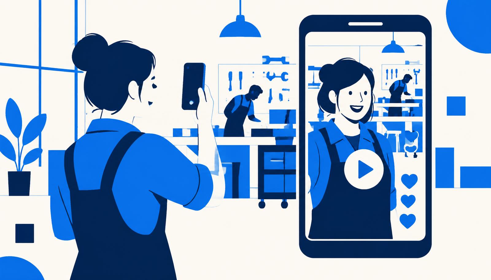 Illustration einer Mitarbeiterin in einer Werkstatt, die spontan ein vertikales Smartphone-Video aufnimmt
