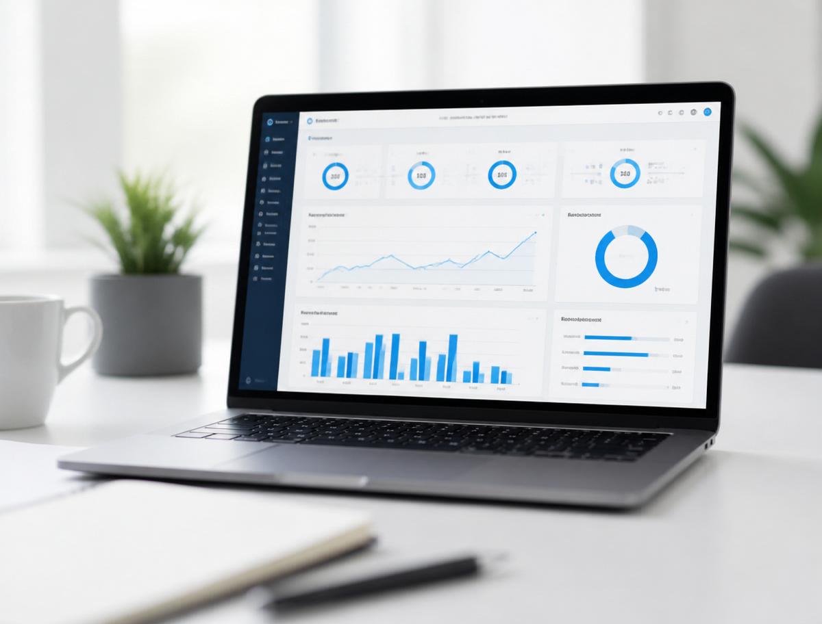 Ergebnis-Dashboard des Digital Growth Audits auf einem Laptop: Sichtbarkeits-Scores, Verlaufskurven und priorisierte Maßnahmen
